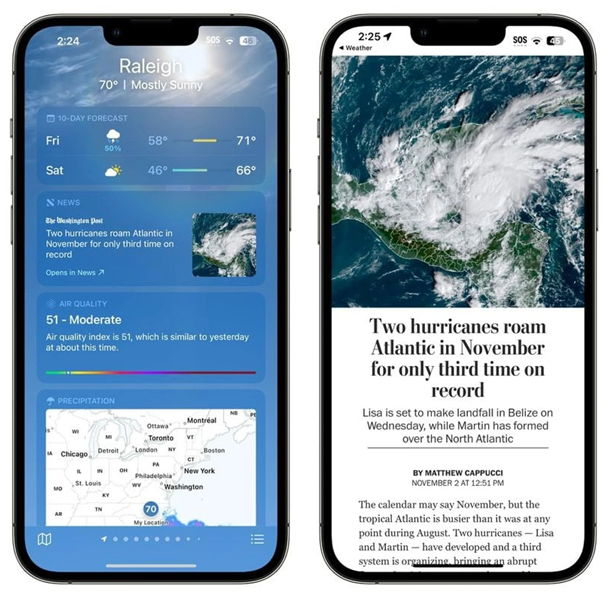 王下乡苹果14维修分享iPhone 14手机如何看天气时顺带看新闻 