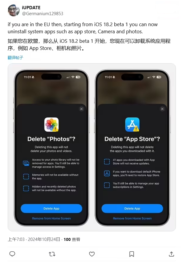 王下乡苹果手机维修分享iOS 18.2 支持删除 App Store 应用商店 