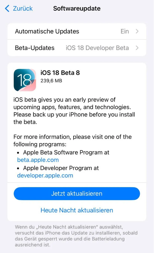 王下乡苹果手机维修分享苹果 iOS / iPadOS 18 开发者预览版 Beta 8 发布 